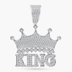 Sterling Silver 925 Rhodium Plated Crown King Clear CZ Pendant
